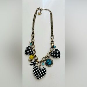 Betsy Johnson Vintage Heart, Bird, Clock Charm Necklace